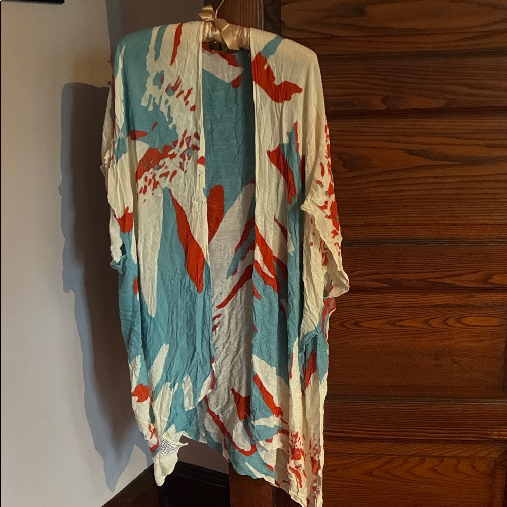 Turquoise & Coral Floral Open-Front Kimono Tunic